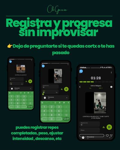 Registro de repeticiones, peso y descanso en la app de Tu Versión Atleta